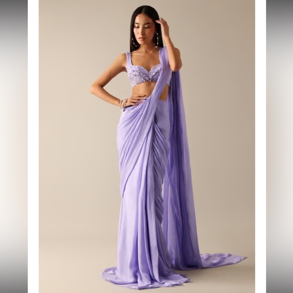 Purple Pre Pleated Saree with Pearl Embroidered Blouse. Size US 4.